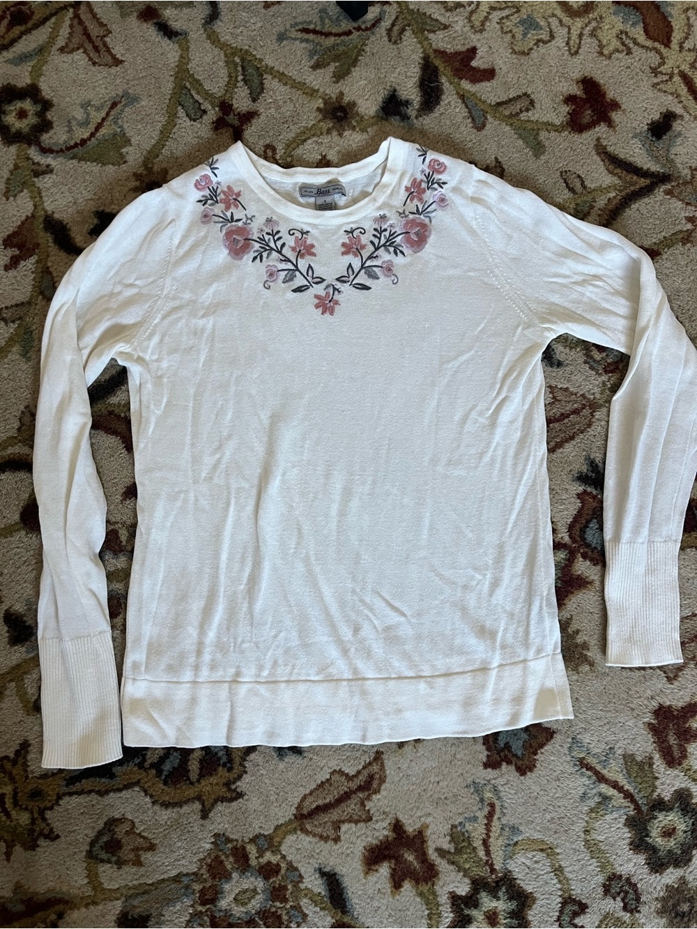 Bass 💯 Cotton White Knit Sweater with Pink Floral Embroidery Sz S